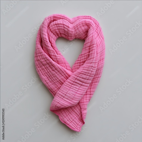 Pink muslin fabric heart shape, studio shot, textured background, baby product