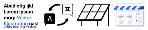 Text translation app icon, solar panels, and e-commerce website interface. Ideal for renewable energy, online shopping, communication, digital tools, language services, technology and sustainable