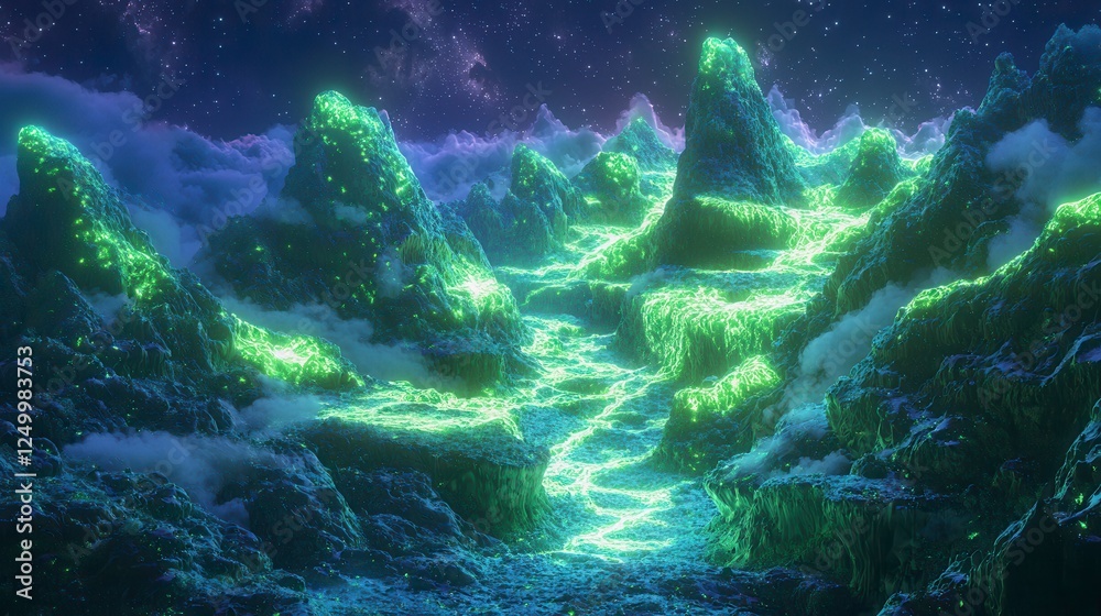 Fototapeta premium Pixelated Mountains Glowing Green Under a Starry Night Sky