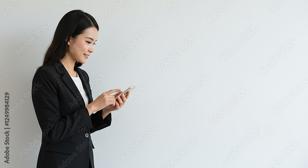 Businesswoman Using Smartphone In Office Setting Businesswoman Using Smartphone In Office Setting