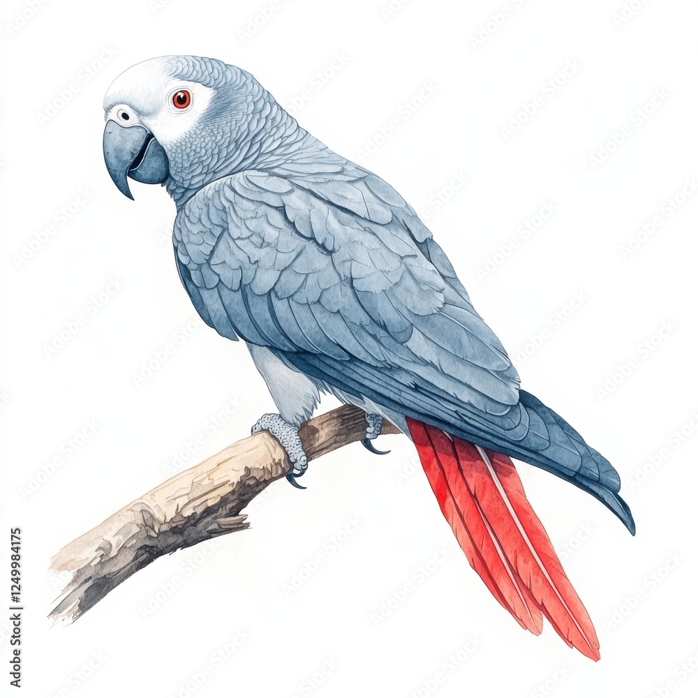 Fototapeta premium A colorful parrot perched on a branch, featuring shades of gray and vibrant red tail feathers, showcasing its striking appearance.