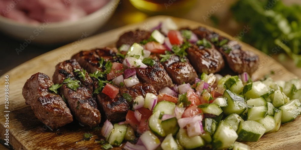 Sliced grilled cevapi with fresh serbian salad on wooden board Sliced grilled cevapi with fresh serbian salad on wooden board