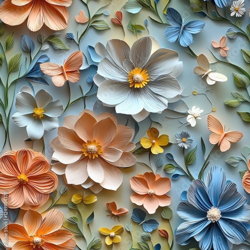 Colorful Paper Flowers and Butterflies Arranged Artistically on a Pastel Background