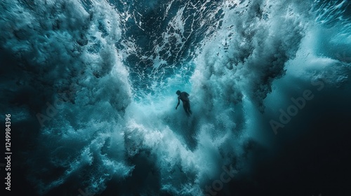 Surfer Silhouetted Within A Powerful Ocean Wave