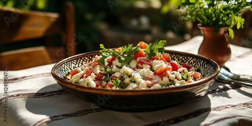 Shopska salad with tomatoes, cucumbers, onions, parsley and white cheese in a bowl on a table