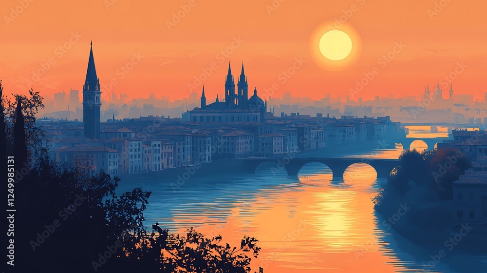 Fototapeta premium Cityscape at sunset with river and bridge, ideal for travel or art projects
