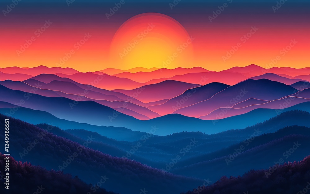 Fototapeta premium Vibrant sunset over layered mountains, ideal for nature backgrounds
