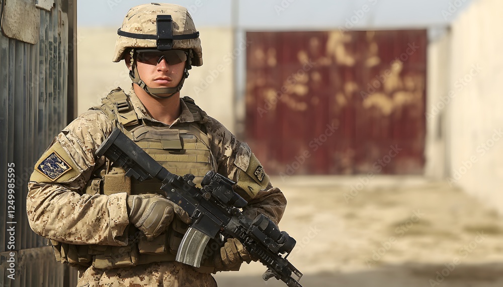 Obraz premium Armed soldier wearing camouflage stands at attention in desert setting