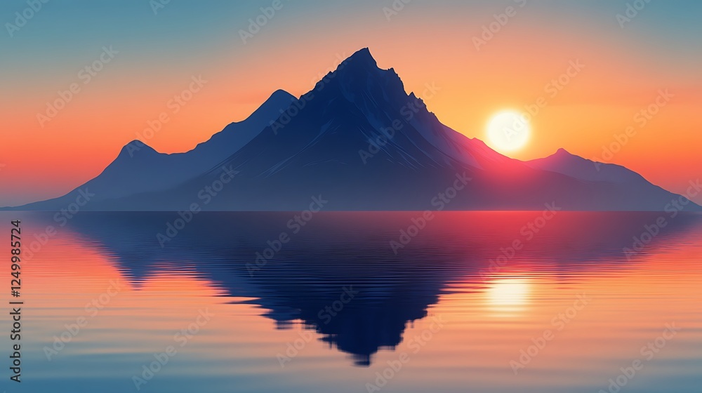 Mountain range silhouette reflected in calm sea at sunset Mountain range silhouette reflected in calm sea at sunset