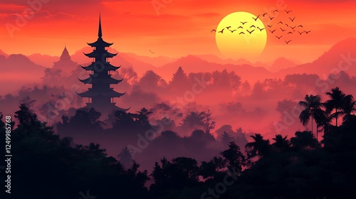 Pagoda silhouette in misty jungle at sunset
