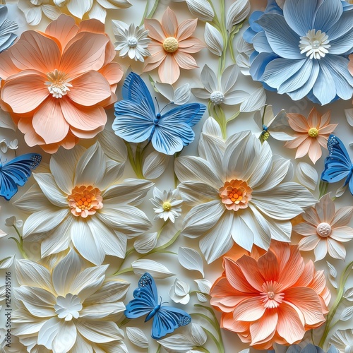 Intricate Paper Artwork Showcasing Colorful Flowers And Blue Butterflies in Pastel Hues