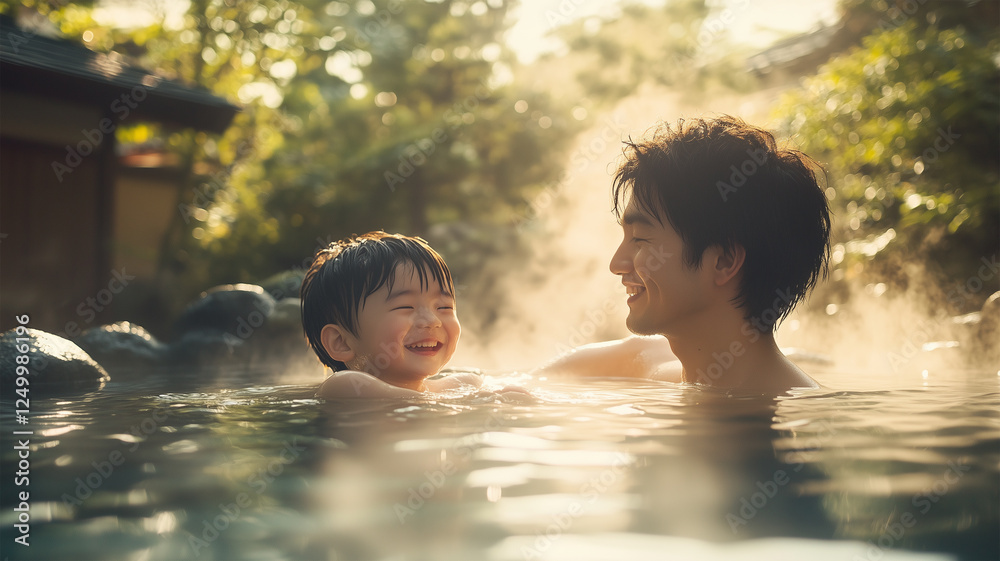 温泉旅館の露天風呂で親子が過ごす微笑ましいひととき 温泉旅館の露天風呂で親子が過ごす微笑ましいひととき