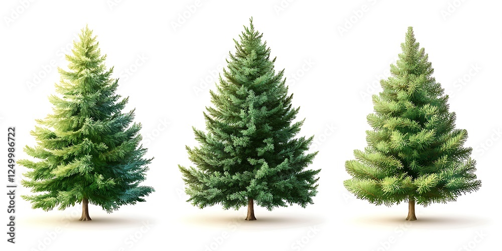 Three realistic fir trees isolated on a white background for holiday designs Three realistic fir trees isolated on a white background for holiday designs