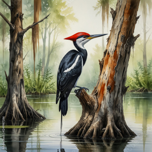 watercolor scene of an ivory-billed woodpecker perched on a gnarled, waterlogged cypress tree in a Florida wetland.  photo