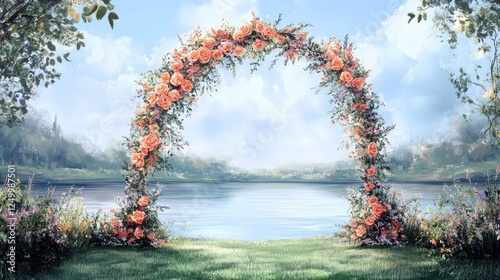 Fototapeta Naklejka Na Ścianę i Meble -  Romantic floral archway overlooking serene lake beneath a summer sky