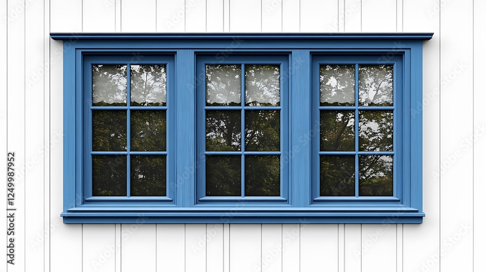 Fototapeta premium Blue window with trees outside on white wall