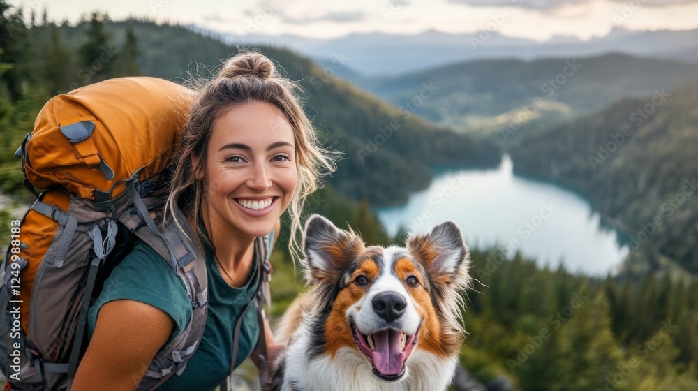 Smiling woman with her dog on a hike, enjoying scenic mountain views and a beautiful lake. Smiling woman with her dog on a hike, enjoying scenic mountain views and a beautiful lake.