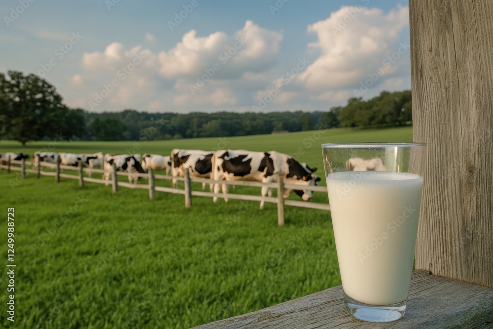 Fresh Milk in Glass with Cows Grazing on Lush Green Field Under Blue Sky Fresh Milk in Glass with Cows Grazing on Lush Green Field Under Blue Sky