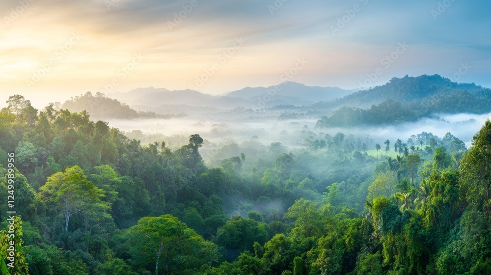 Obraz premium Misty sunrise over lush green jungle landscape. Serene and tranquil.