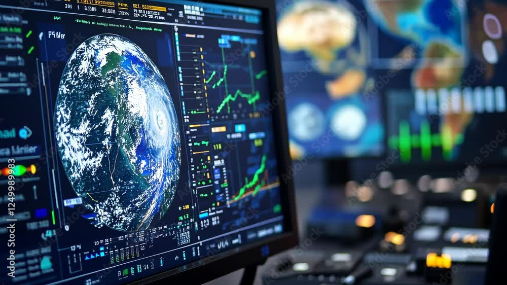 close-up of satellite images and weather prediction algorithms, advanced technology, vibrant lighting, organized and professional workspace