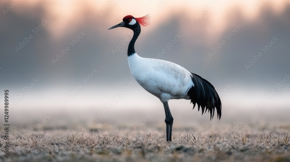 Fototapeta premium Red-crowned crane standing in a field.
