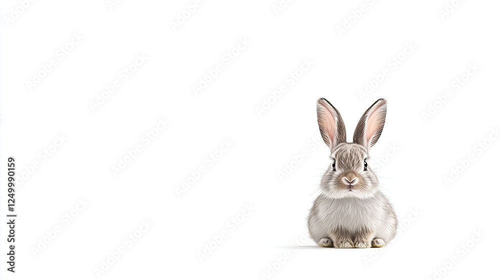 Obraz premium Cute gray rabbit sitting against a plain white background, ideal for children's book illustrations