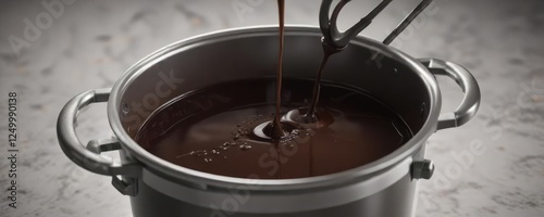 Double boiler with dark chocolate submerged in liquid, liquid, slow heat, double boiler
