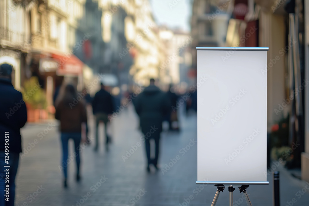 A blank mock up white poster on a city street background A blank mock up white poster on a city street background