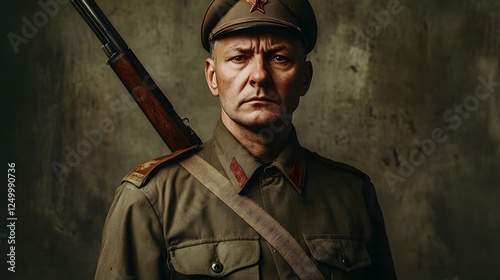 A stern soviet soldier with rifle looks directly at viewer photo
