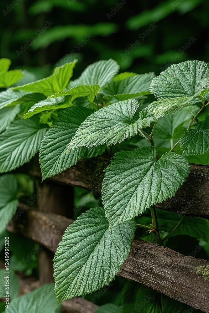 Green leaves growing on a wooden fence. Green leaves growing on a wooden fence.