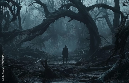 A lone figure stands in a dark, mysterious forest.  The eerie atmosphere is enhanced by the gnarled trees and fog.