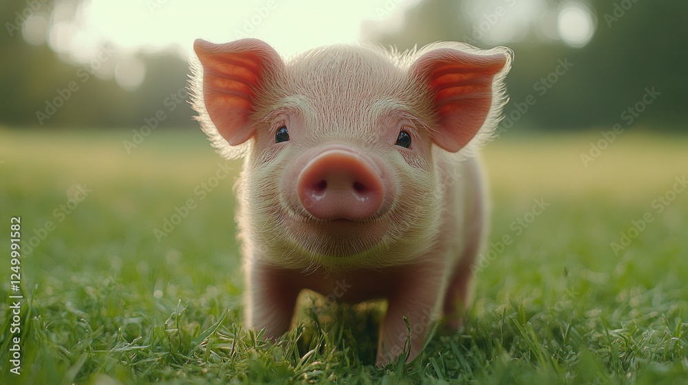 A cute piglet stands on green grass, basking in warm sunlight. A cute piglet stands on green grass, basking in warm sunlight.