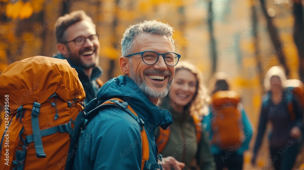 Smiling man hiking with friends in autumn woods. Happy group enjoying fall nature. Smiling man hiking with friends in autumn woods. Happy group enjoying fall nature.
