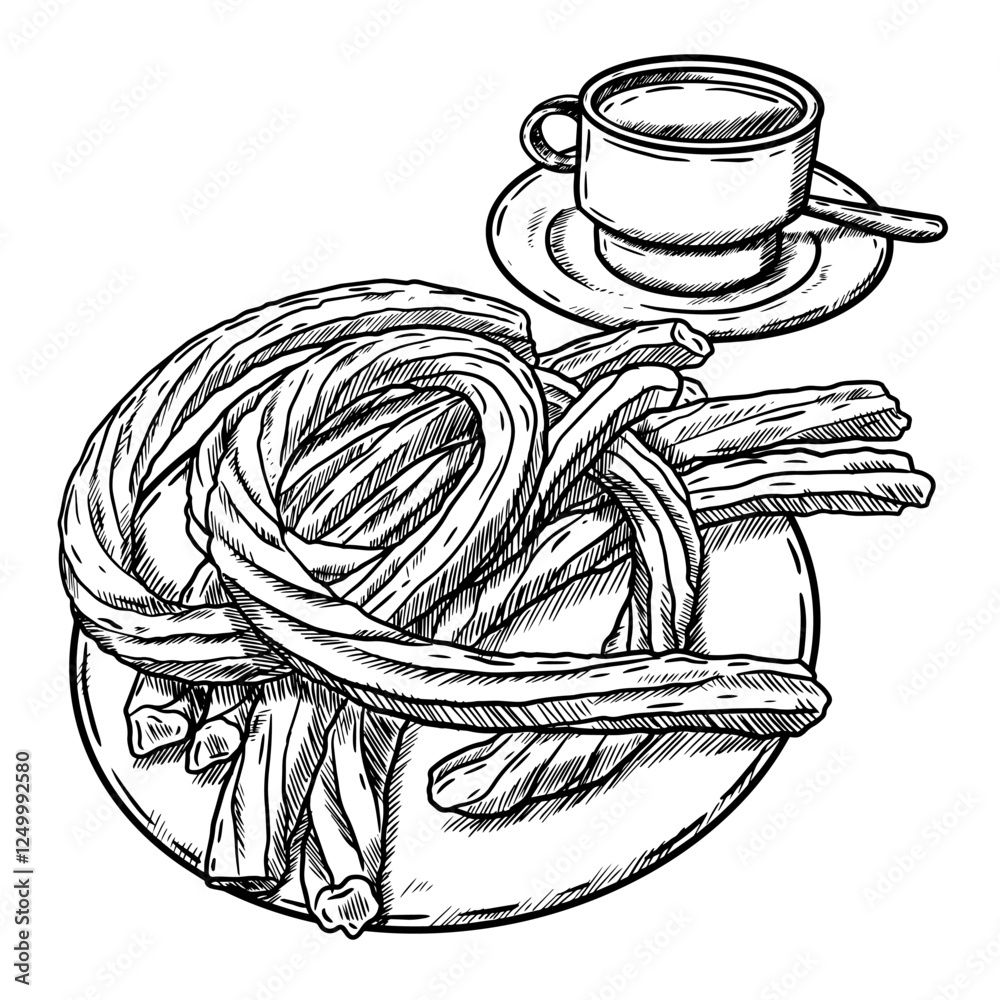 Ilustracion de vector de dibujo a mano de churros con cafe