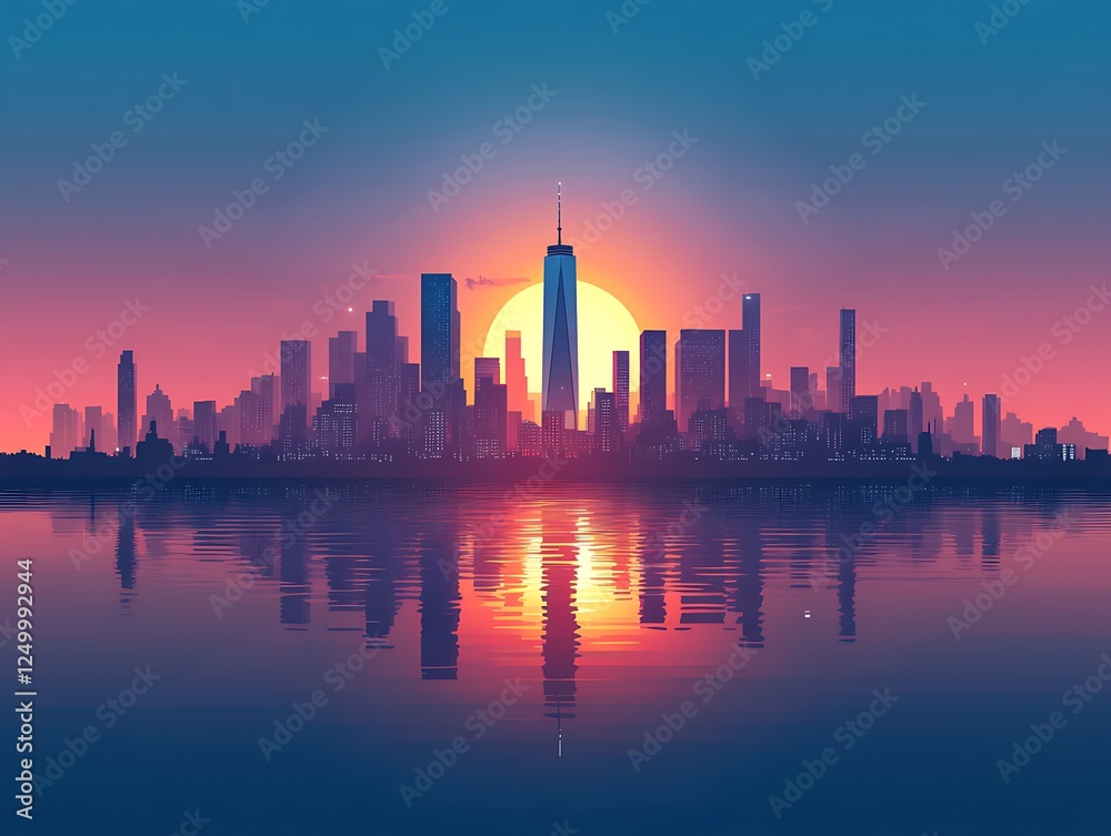 Fototapeta premium NYC Skyline Sunrise Reflection - Cityscape Horizon, Evening View, Beautiful