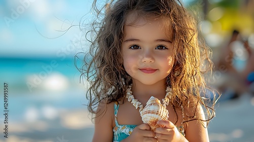 A young smiling Polynesian girl with curly hair stands on a tropical beach wearing a traditional lavalava wrap skirt and a shell necklace photo