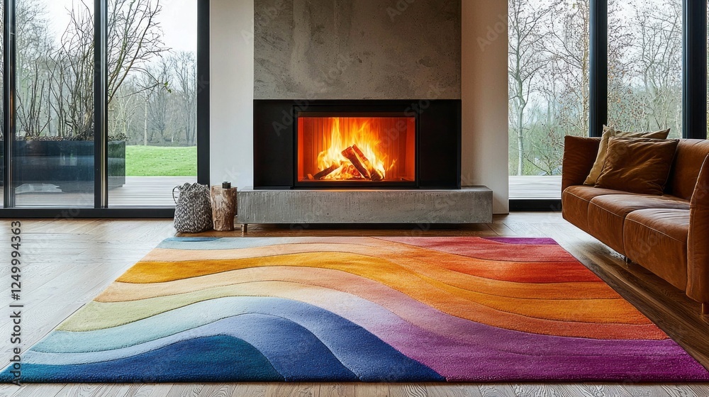 Fototapeta premium Warm hues and artistic design come together in this inviting living space. A colorful rug enhances the warmth of a crackling fire, creating a perfect retreat against a serene view