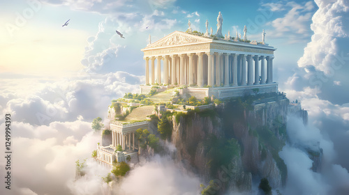 Majestic celestial palace perched atop misty mount olympus with grand columns floating gardens and ethereal beings gliding through luminous clouds. Ancient Cosmic Beings. Illustration