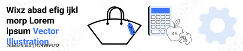 Shopping bag with keychain, calculator, apple, leaf, and gear icon symbolizing budgeting, healthy choices, and systematic planning. Ideal for finance, health organization e-commerce retail diet