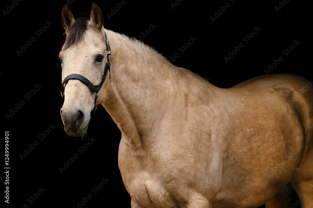Εκτύπωση καμβά Buckskin Quarter Horse portrait headshot on black background