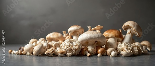 Fototapeta Naklejka Na Ścianę i Meble -  An arrangement of gourmet mushrooms with a focus on different shapes, refined, shapes, gourmet mushrooms, gastronomy