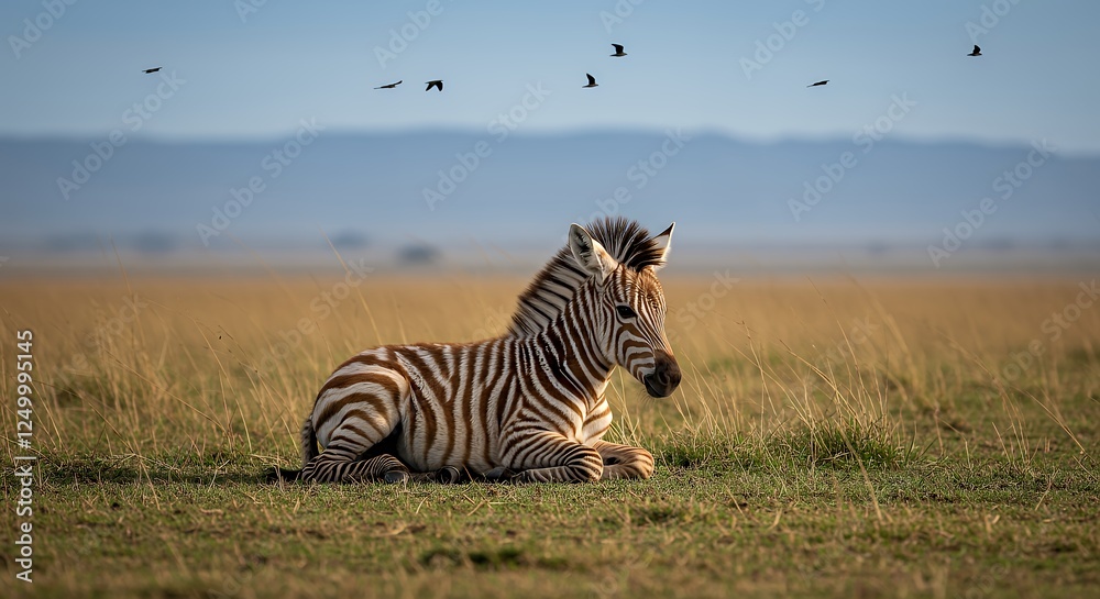 Naklejka premium Zebra Foal Resting in African Savanna with Birds Flying Overhead