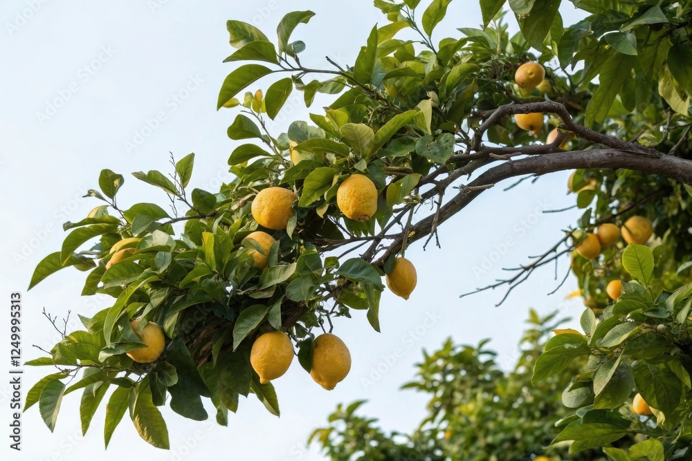 a sprawling branch of a lemon tree covered in green leaves and ripe lemons, nature, foliage, spreading a sprawling branch of a lemon tree covered in green leaves and ripe lemons, nature, foliage, spreading