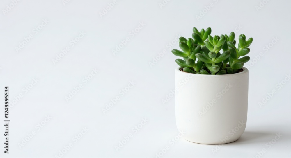 Fototapeta premium A tiny succulent plant in a clean ceramic pot, isolated against white.
