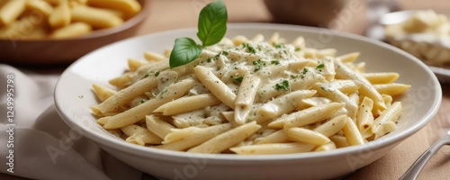 A sprinkle of parmesan cheese over a bowl of creamy alfredo sauce and cooked penne pasta , cheese, topping, sauce