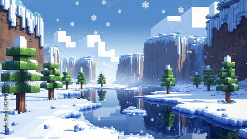 ピクセル化された冬のワンダーランド 雪の川, 凍った崖, キューブ状の木々