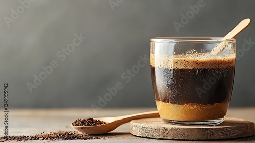 Chilled Thai Grass Jelly Chao Kuai Dessert Served in a Transparent Glass Bowl with Sweet Syrup a Refreshing and Nourishing Tropical Treat photo