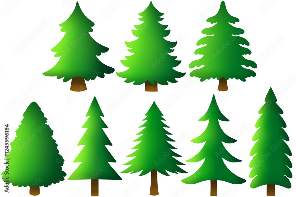Obraz premium Set of green pine trees in cartoon style isolated on white background. Christmas tree vector collection in trendy and simple style. Elements for christmas celebration, wallpaper and background element