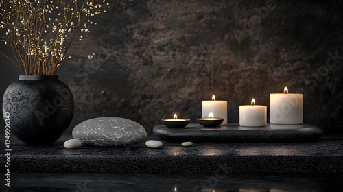 Fototapeta Naklejka Na Ścianę i Meble -  Tranquil and serene zen inspired atmosphere with lit candles smooth river pebbles and aromatherapy elements creating a calming and meditative space for relaxation mindfulness