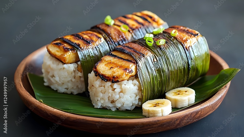 Grilled Banana Sweet Sticky Rice Wrapped in Banana Leaves Authentic Thai Dessert Dish with Traditional Flavors Textures and Presentation Grilled Banana Sweet Sticky Rice Wrapped in Banana Leaves Authentic Thai Dessert Dish with Traditional Flavors Textures and Presentation